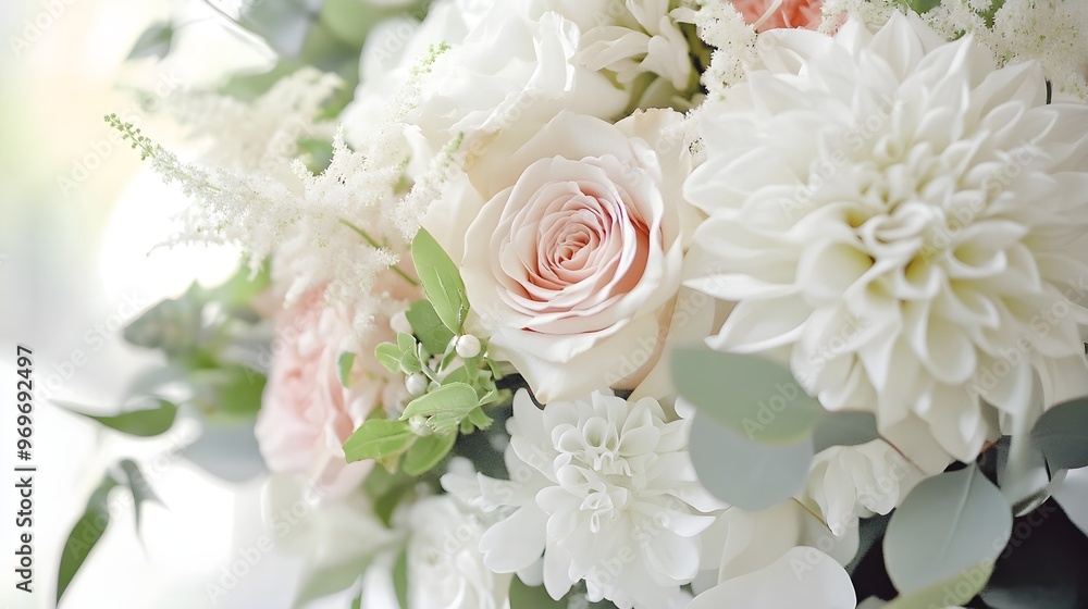 A close-up shot of white and blush wedding flowers in a delicate bouquet, perfect for bridal portraits A close-up shot of white and blush wedding flowers in a delicate bouquet, perfect for bridal portraits