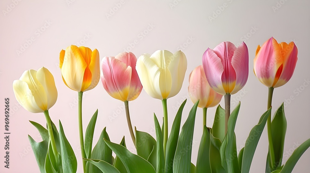 A close-up of blooming tulips in vibrant colors against a light solid color background, showcasing their delicate petals and lush green stems A close-up of blooming tulips in vibrant colors against a light solid color background, showcasing their delicate petals and lush green stems