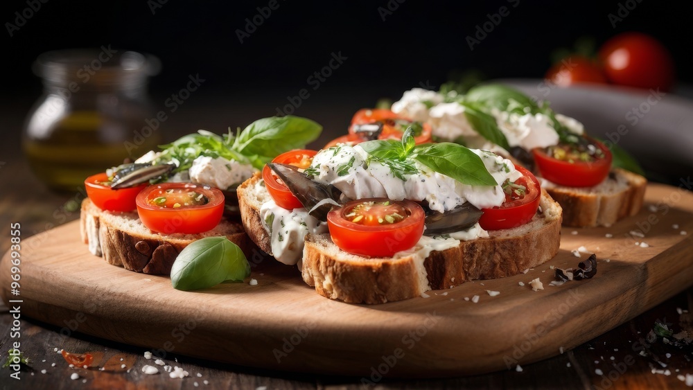 Sandwich with stracciatella bread, cherry tomatoes, anchovies on a wooden board. Sandwich with stracciatella bread, cherry tomatoes, anchovies on a wooden board.