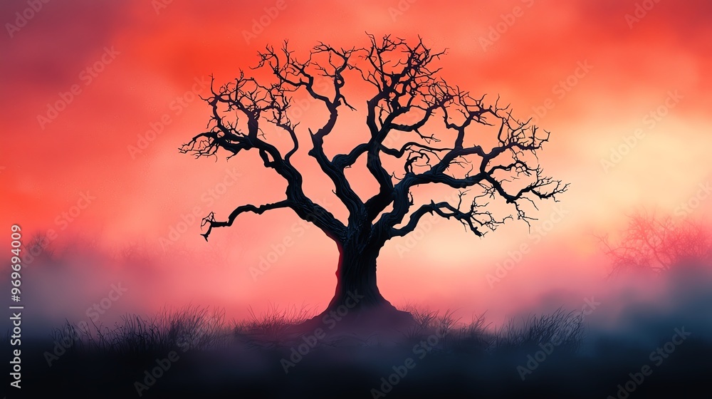 A solitary tree silhouette against a vibrant sunset sky, creating a dramatic and serene atmosphere in nature. A solitary tree silhouette against a vibrant sunset sky, creating a dramatic and serene atmosphere in nature.