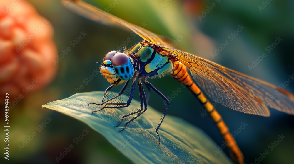 High-definition shot of a dragonfly resting on a leaf, with a focus on its intricate wing patterns and colorful body, set against a natural backdrop. High-definition shot of a dragonfly resting on a leaf, with a focus on its intricate wing patterns and colorful body, set against a natural backdrop.