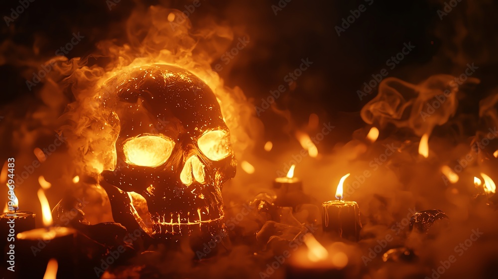 A glowing skull surrounded by candles and swirling smoke, creating a mystical and eerie atmosphere for Halloween or horror themes. A glowing skull surrounded by candles and swirling smoke, creating a mystical and eerie atmosphere for Halloween or horror themes.