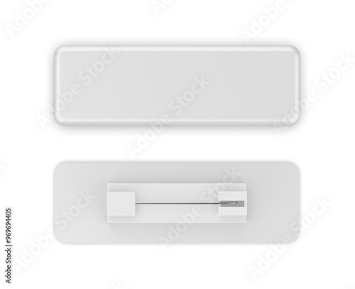 Rectangular blank badge pin brooch. Realistic 3d illustration isolated on white background.