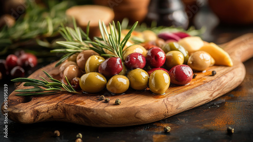 A beautiful arrangement of different pickled olives on a wooden board, perfect for a Mediterranean appetizer. photo