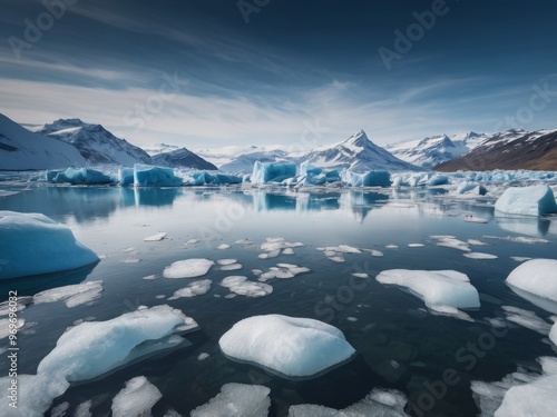 Aerial view of glacier lagoon in a snowy landscape. photo