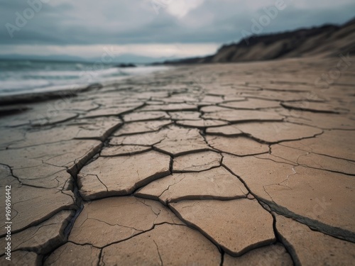 Erosion along the shoreline reveals cracked earth and debris at high tide on a cloudy day by the ocean.