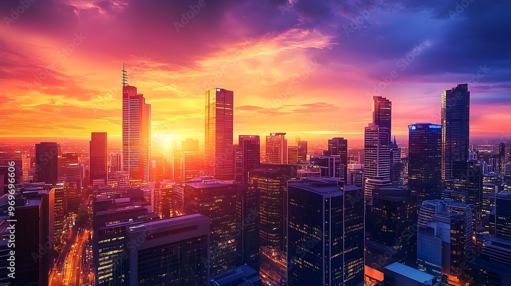 Fototapeta premium A panoramic view of a city skyline at sunset, showcasing vibrant hues of orange and purple reflecting off the buildings
