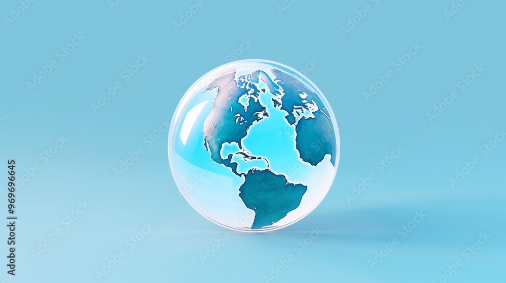 Glass Sphere with World Map Inside Highlighting Global Trade and Business Growth Through B2B Marketing. Viewed from Above Against Isolated Blue Background Glass Sphere with World Map Inside Highlighting Global Trade and Business Growth Through B2B Marketing. Viewed from Above Against Isolated Blue Background