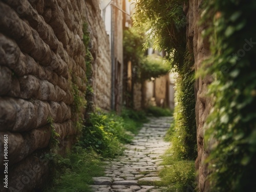 A Narrow Stone Path Through a Lush Green Alleyway. photo