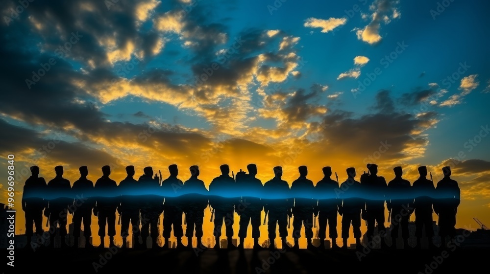 Ukrainian army silhouette with flag on victory day against vibrant sunset, patriotic symbolism Ukrainian army silhouette with flag on victory day against vibrant sunset, patriotic symbolism