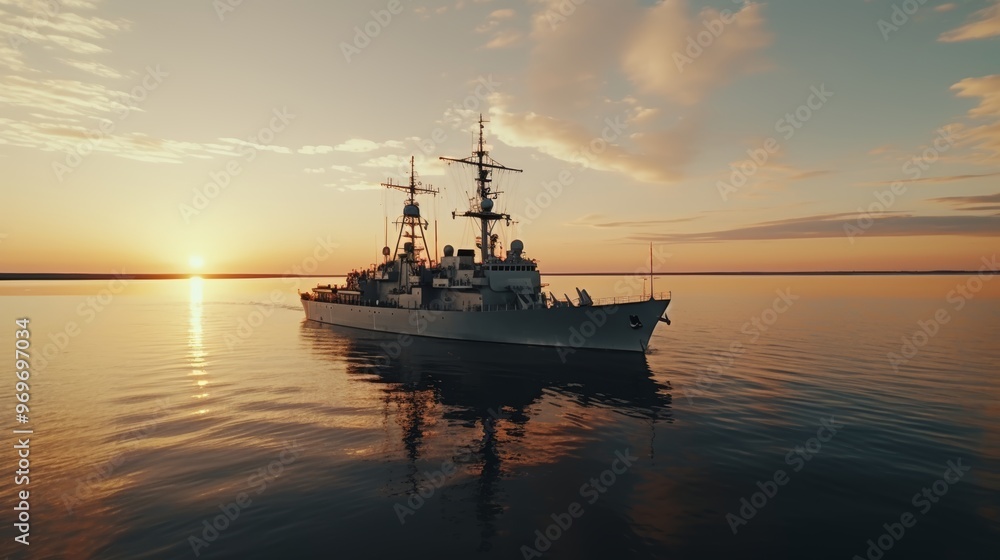 Silhouetted naval warship against a serene and colorful sunset backdrop on the calm sea Silhouetted naval warship against a serene and colorful sunset backdrop on the calm sea