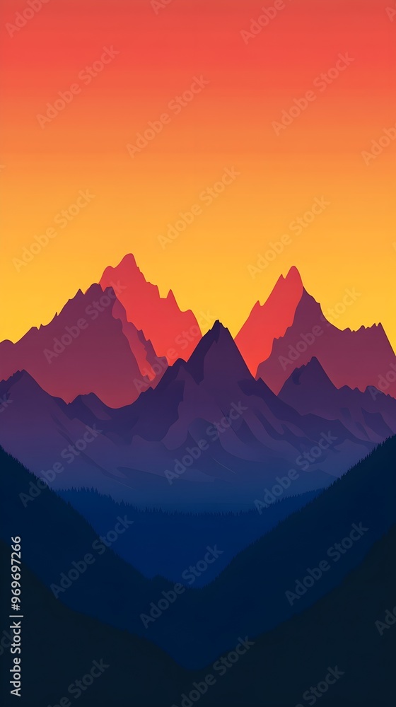 A dramatic sunset over rugged mountains, featuring a gradient of colors from deep blue to fiery red, with a light solid color background for emphasis A dramatic sunset over rugged mountains, featuring a gradient of colors from deep blue to fiery red, with a light solid color background for emphasis