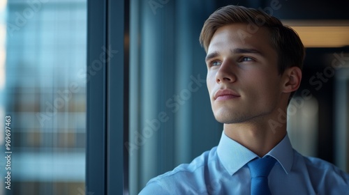 High-definition shot of a young businessman in a stylish office, looking out of a window with a thoughtful expression, showcasing contemplation and leadership.