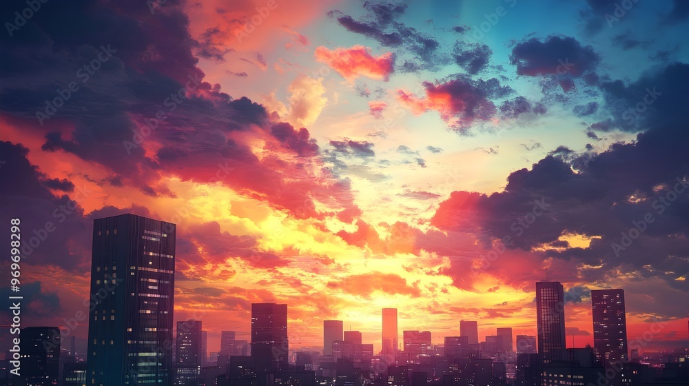 Fototapeta premium A breathtaking view of a city awakening at dawn, with colorful clouds reflecting the morning light, and silhouettes of skyscrapers in the foreground