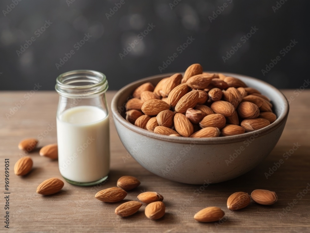 A bowl with almonds sits next to a glass bottle of almond milk on a table with a blank area for additional content in the image. A bowl with almonds sits next to a glass bottle of almond milk on a table with a blank area for additional content in the image.