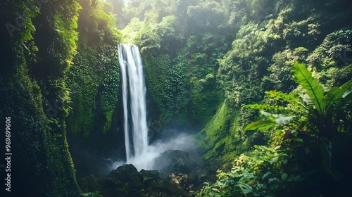 A serene waterfall cascading down rocky cliffs surrounded by lush greenery, creating a tranquil atmosphere