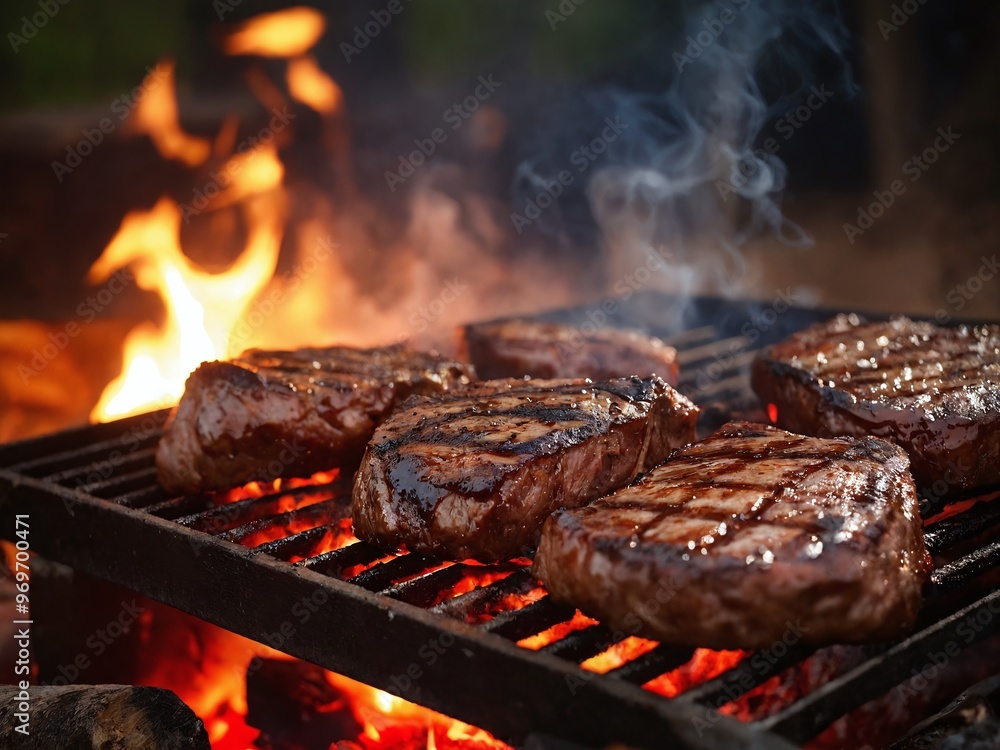 Grilling juicy steaks over an open flame in a backyard barbecue during a summer evening gathering with friends