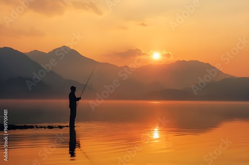 Silhouette of a man fishing at the beach at sunset Fisheman silhouette against the ocean, with sunset over mountain in background.