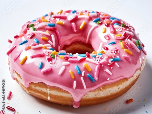 A freshly baked donut topped with colorful sprinkles and pink icing, perfect for a sweet treat at any time of day