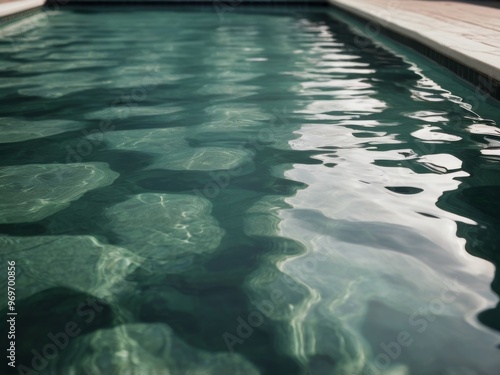 A pool with a green water and a white tile floor. photo