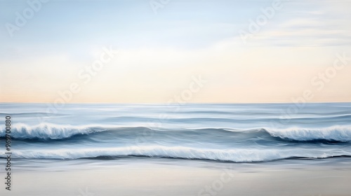 A tranquil seascape featuring rhythmic waves rolling in, creating white frothy crests against a calm ocean