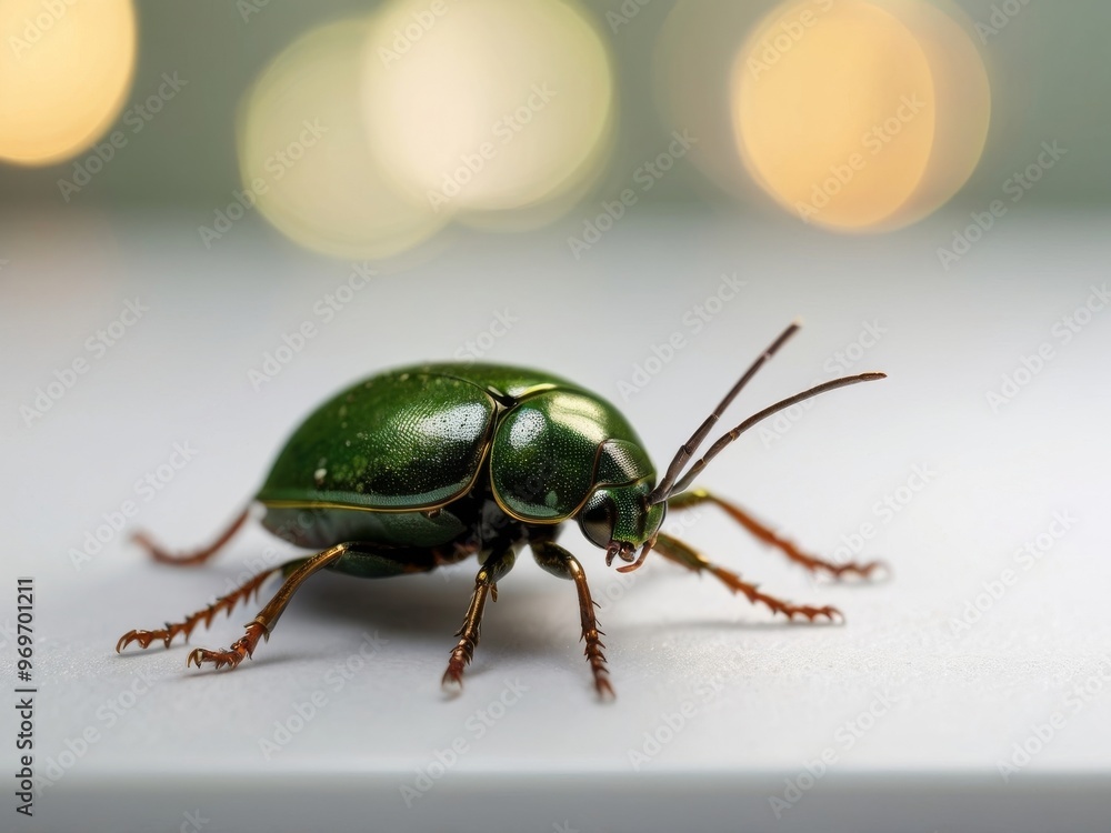 a green beetle sitting on top of a white surface. a green beetle sitting on top of a white surface.