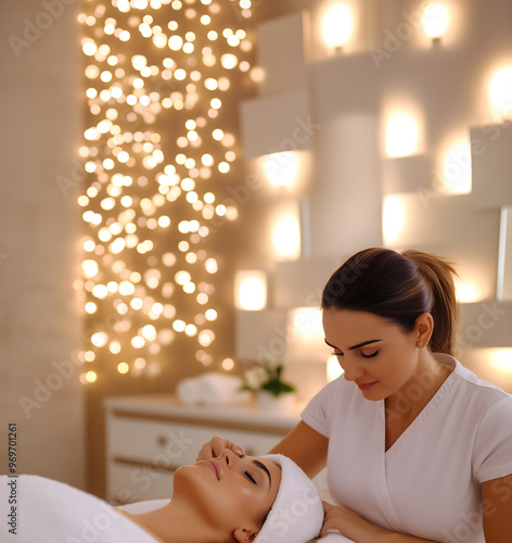 relaxing client & massager doing massage in spa center; cozy luxury insides; copy space photo