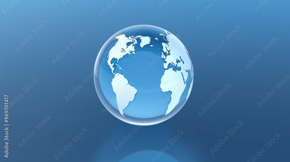 Glass Sphere with World Map Inside Highlighting Global Trade and Business Growth Through B2B Marketing. Viewed from Above Against Isolated Blue Background Glass Sphere with World Map Inside Highlighting Global Trade and Business Growth Through B2B Marketing. Viewed from Above Against Isolated Blue Background