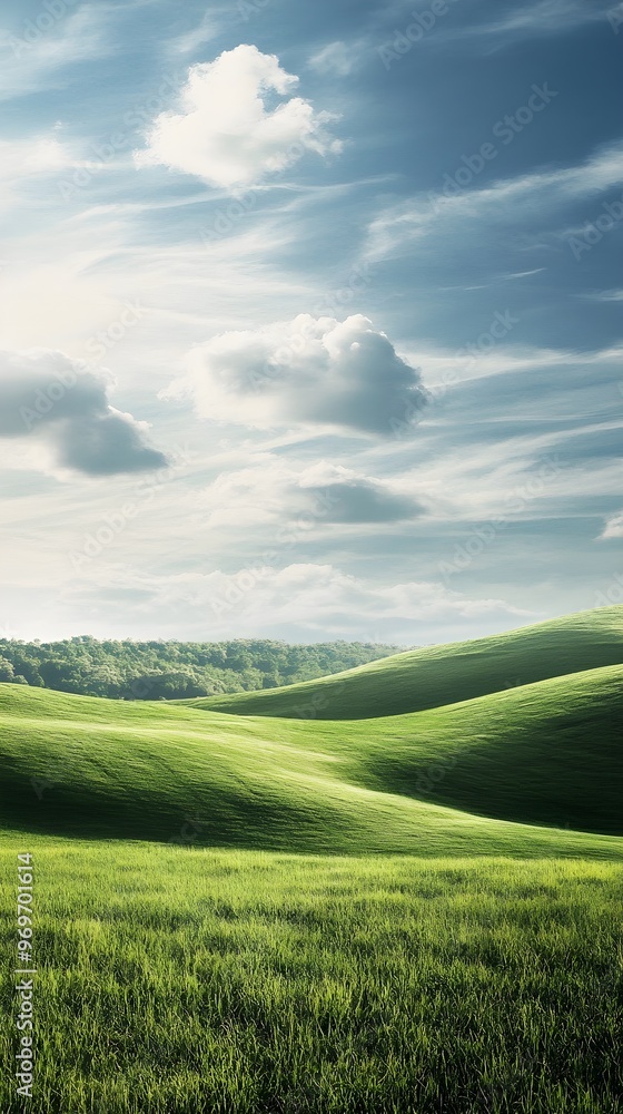 Obraz premium A panoramic view of a serene grass field with rolling hills, ideal for nature-themed projects