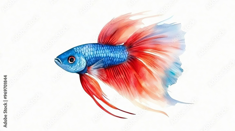 Fototapeta premium Colorful betta fish with flowing fins on a white background, showcasing vibrant blue and red hues in a unique swimming pose.