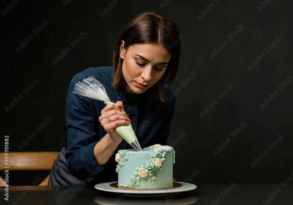 Pastry chef decorating a cake with icing Pastry chef decorating a cake with icing