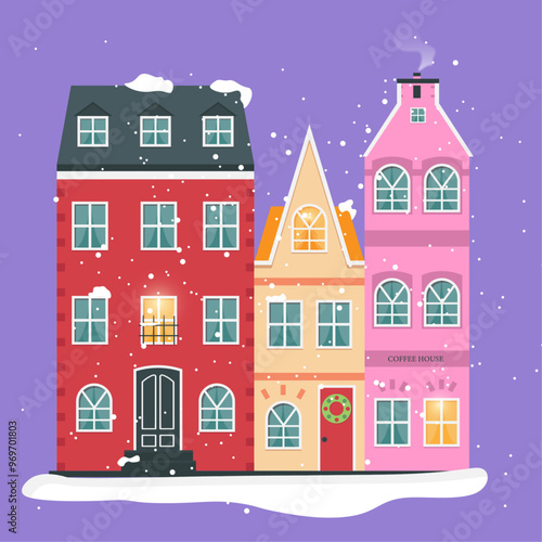 Photography Scandinavian houses with winter landscape,snowing picture for banners, cards, fl