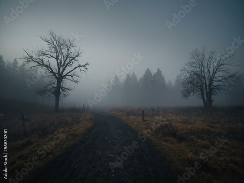 Mystical fog landscape with an eerie vibe.