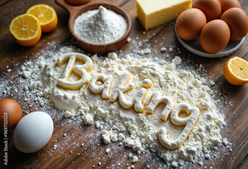 Creative baking concept with ingredients like flour, eggs, and oranges arranged around the word 'Baking' made from dough on a rustic wooden table.