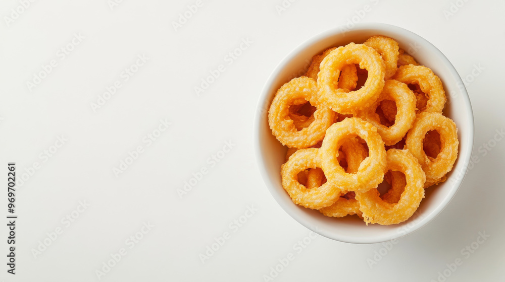 A bowl filled with crispy onion rings, photographed from above against a plain white backdrop. A bowl filled with crispy onion rings, photographed from above against a plain white backdrop.