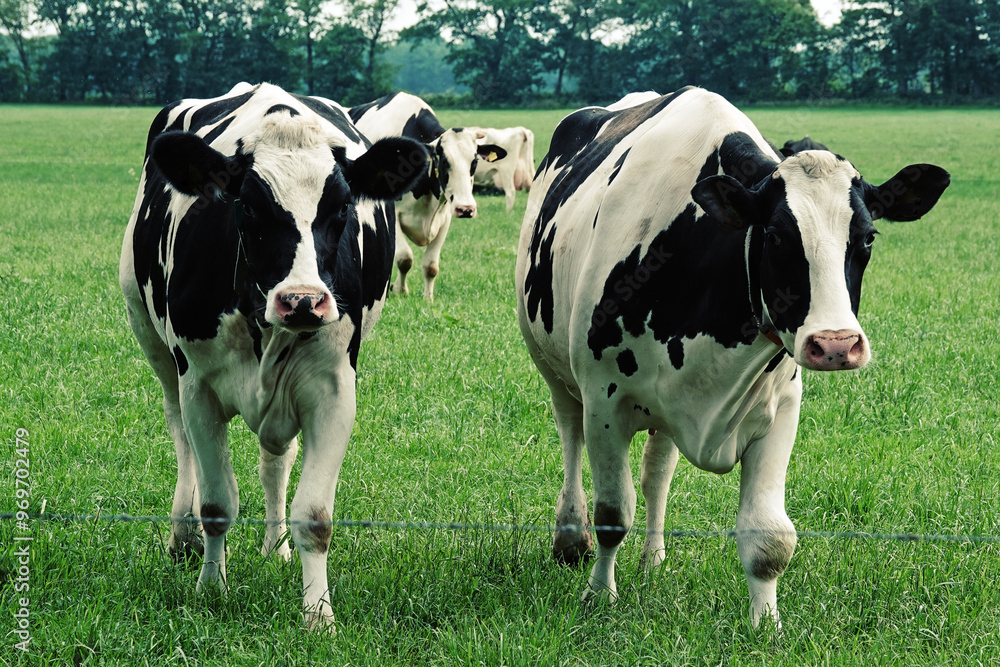 Two walking black and white holstein frisian cows. Curiousity is driving them Two walking black and white holstein frisian cows. Curiousity is driving them