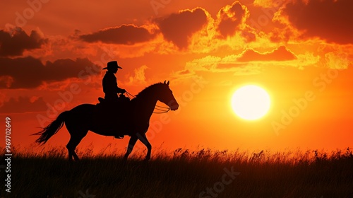 Silhouette of a cowboy riding a horse against a bright sunset.