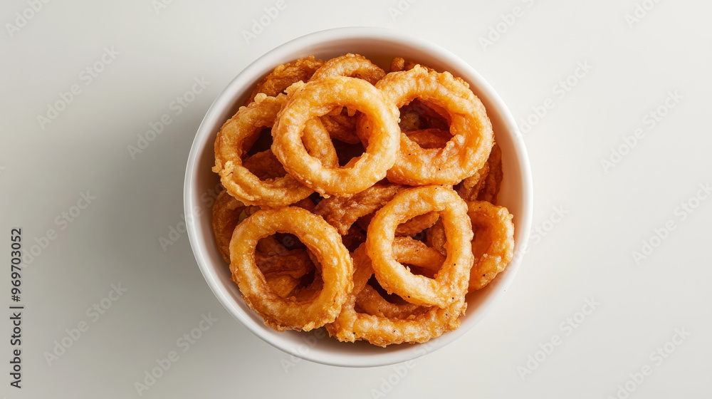 A bowl filled with crispy onion rings, photographed from above against a plain white backdrop. A bowl filled with crispy onion rings, photographed from above against a plain white backdrop.