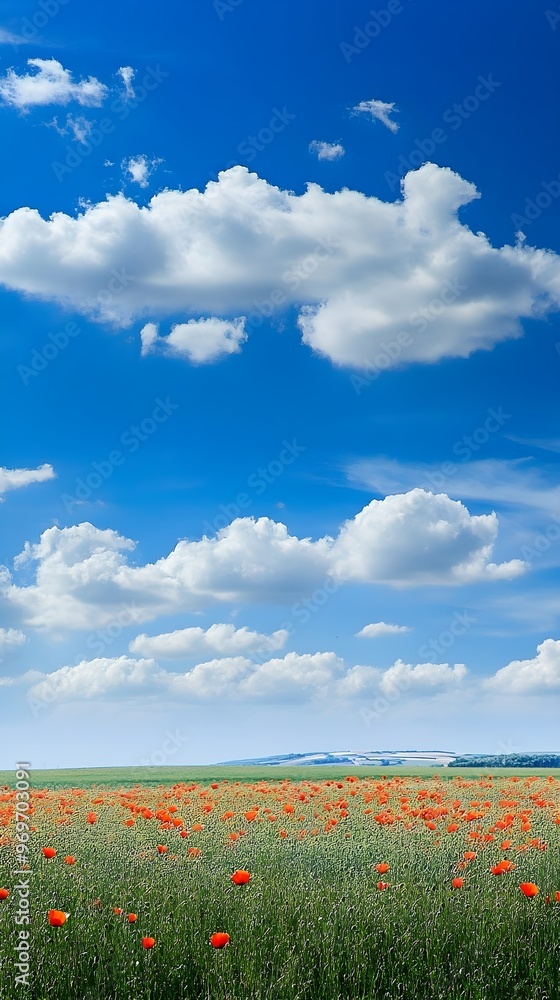 A panoramic view of extensive poppy fields stretching to the horizon, with a few fluffy clouds above A panoramic view of extensive poppy fields stretching to the horizon, with a few fluffy clouds above