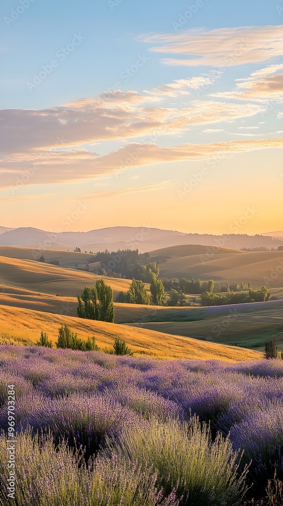 A serene sunset over rolling lavender hills, casting a warm golden glow on the fields A serene sunset over rolling lavender hills, casting a warm golden glow on the fields