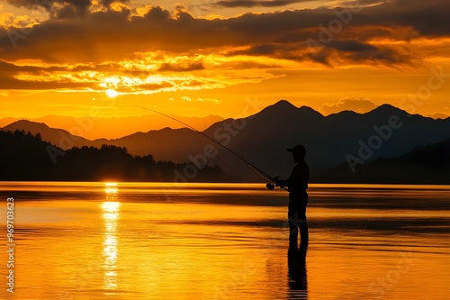 Silhouette of a man fishing at the beach at sunset Fisheman silhouette against the ocean, with sunset over mountain in background.