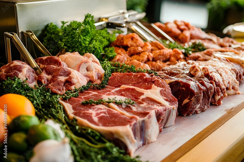 Assortment of Fresh Raw Meat Cuts with Herbs and Spices on Wooden Butcher Board Assortment of Fresh Raw Meat Cuts with Herbs and Spices on Wooden Butcher Board