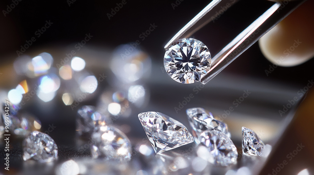 A collection of diamonds meticulously arranged under a magnifying glass, highlighting their brilliance and variety, epitomizing luxury and fine craftsmanship. A collection of diamonds meticulously arranged under a magnifying glass, highlighting their brilliance and variety, epitomizing luxury and fine craftsmanship.