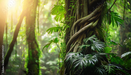 Lush Vines- A Close-Up of Thick, Twisting Vines Clinging to a Tree Trunk