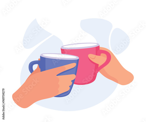 Mug with Tea or Coffee Drink in Hands Clinking Together Vector Illustration