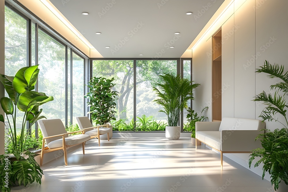 Fototapeta premium Serene and Calming Medical Clinic Interior with Natural Lighting and Vibrant Potted Plants