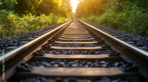 High-resolution close-up of railway tracks with sunlight glinting off the metal rails, set against a background of lush green vegetation.