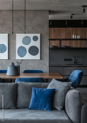 Elegant and Cozy Gray and Blue Living Room with Wooden and Stone Accents
