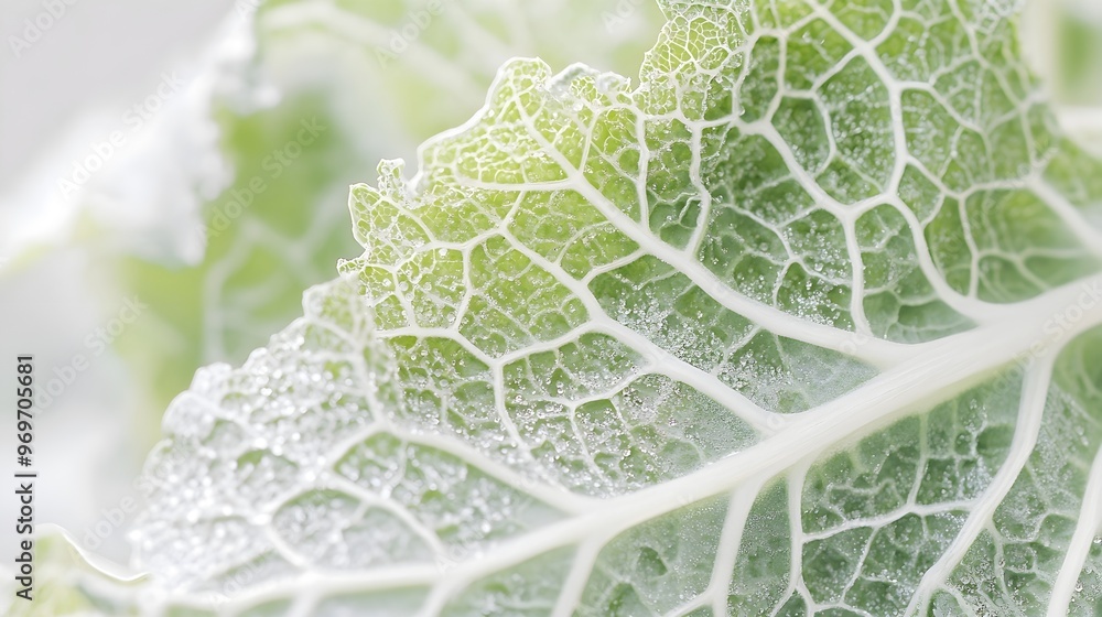 Obraz premium Close-up of dew-kissed kale leaves, highlighting the intricate patterns and veins against a soft pastel backdrop