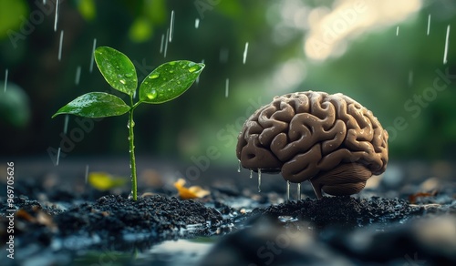 Growing Intelligence Brain and Plant in Rain.